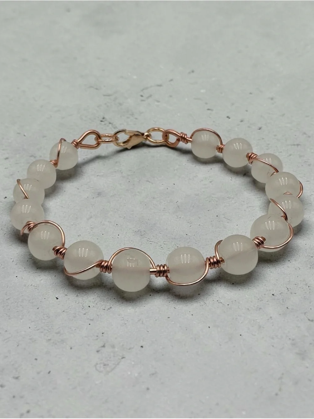 Milky White Beaded Bracelet Handmade Wire Wrapped Copper Boho Jewelry Gift